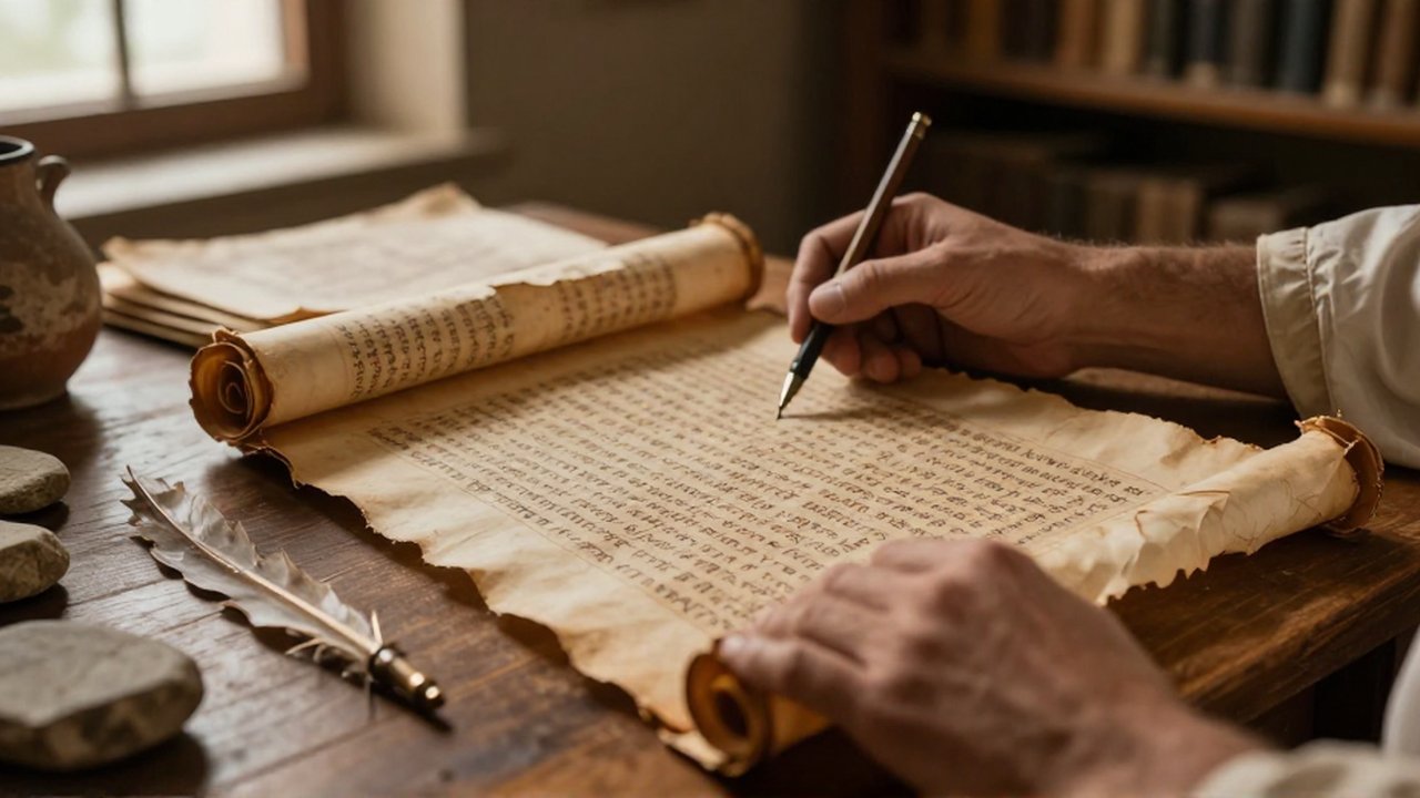 Unas manos examinan un papiro antiguo con escritura griega sobre una mesa de madera con pergaminos y fragmentos de cerámica.