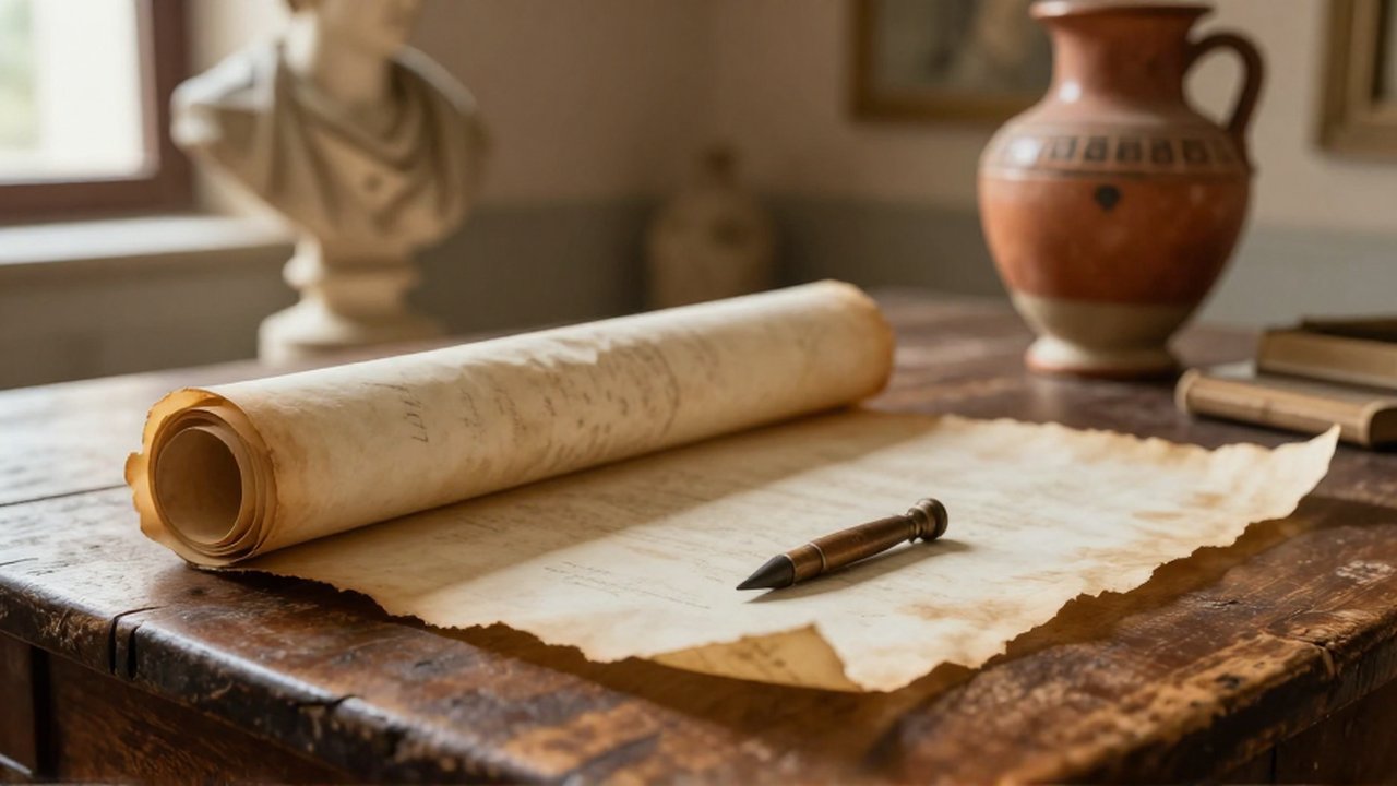 Un rollo de papiro y un estilete descansan sobre una mesa de madera desgastada.