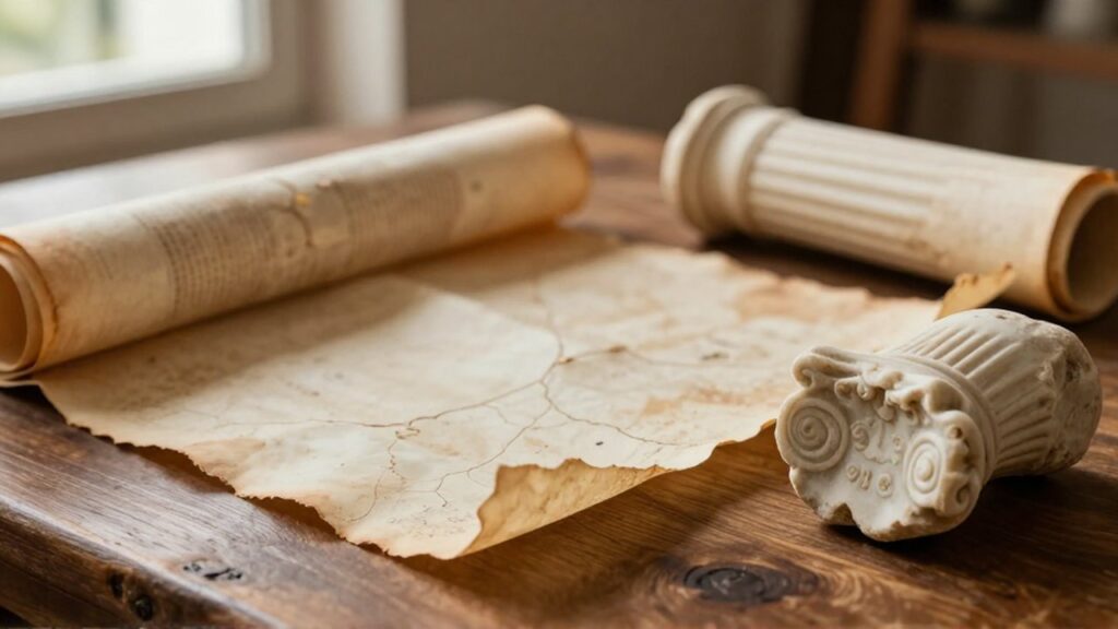 Rollos de pergamino desgastados y un fragmento de mármol sobre una mesa de madera.