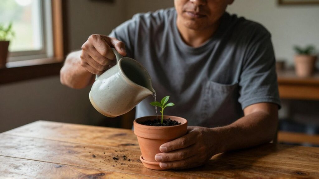 Una persona de rasgos latinoamericanos riega con cuidado una pequeña planta en una maceta de terracota.