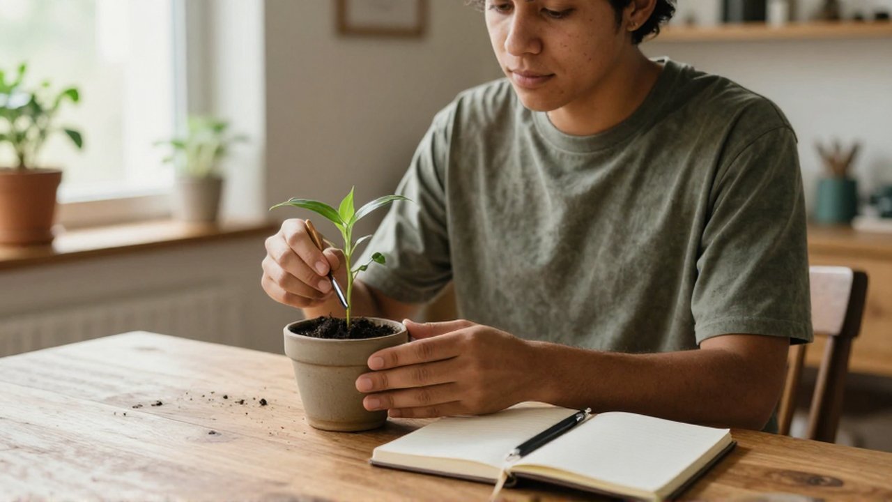 Persona de ascendencia latinoamericana cuida una pequeña planta en una maceta cerámica sobre una mesa de madera.