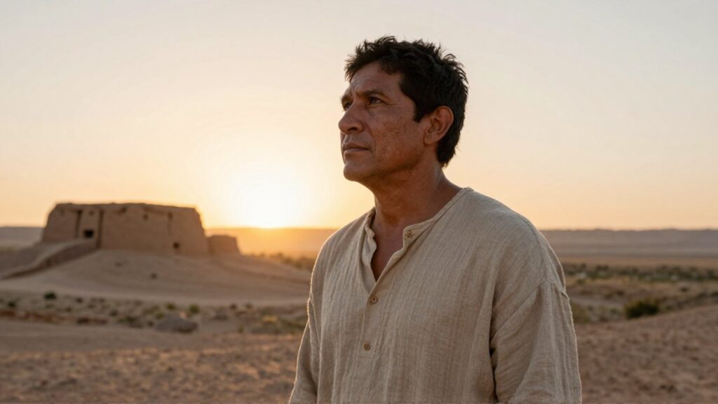 Un hombre de ascendencia latinoamericana con ropa de lino contempla el amanecer en un paisaje desértico.
