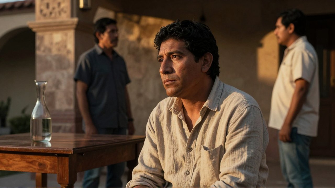 Un hombre latinoamericano sentado con expresión contemplativa frente a una mesa en un patio de piedra.