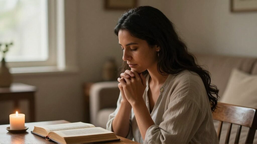 Mujer latinoamericana con las manos entrelazadas frente a un libro y una vela en una habitación iluminada.