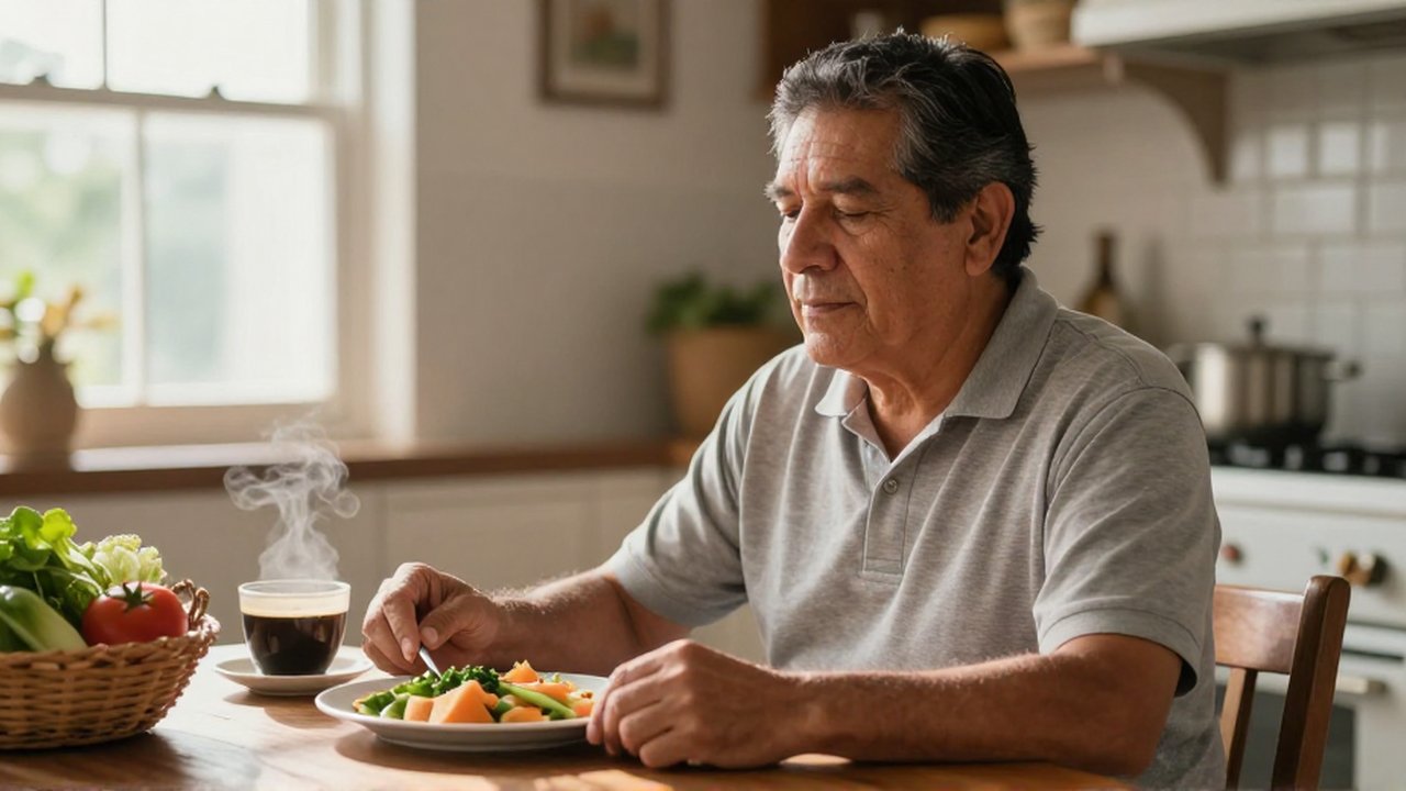 Hombre latinoamericano de mediana edad prepara comida sentado a una mesa de madera en una cocina soleada.