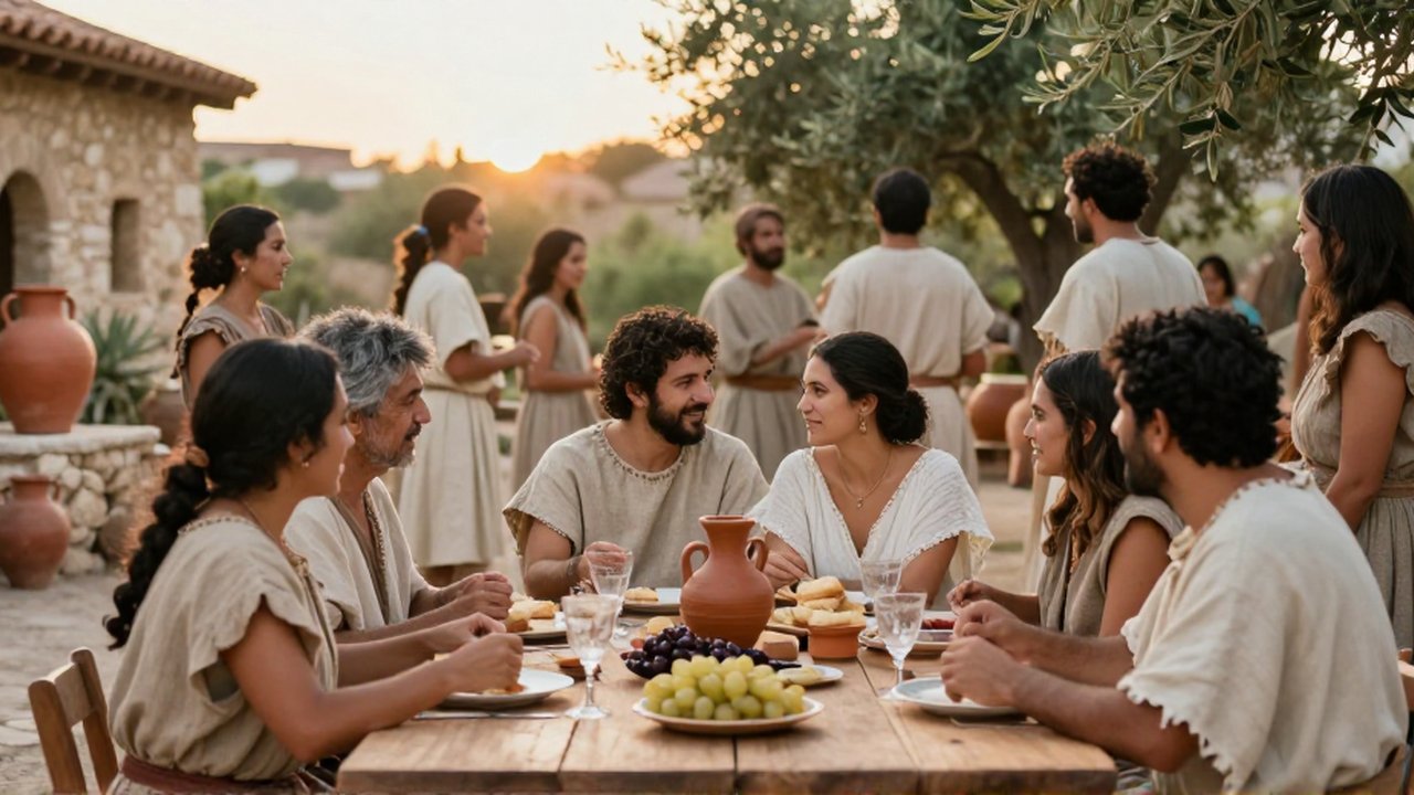 Personas con túnicas de lino comparten pan y uvas en una mesa de madera en un patio mediterráneo.