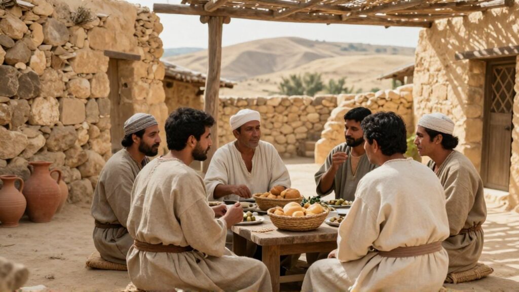 Grupo de personas con túnicas de lino comparten comida y conversación en un patio de piedra.