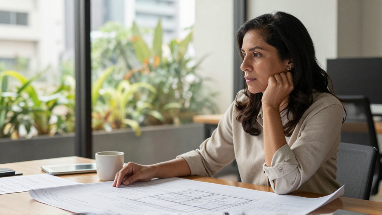 Una mujer profesional observa con calma un plano arquitectónico y notas sobre un escritorio de madera.